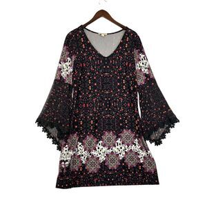 Whimsigoth Tunic Dress Size Large V Neck Sheer Crochet‎ Mixed Print Fairy goth